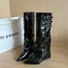 Pointed Toe Platform Bootcut Boots Leather Buckle Knee-High Boots Women 2026 Autumn/Winter New Super Good-Looking High-Top Riding Boots