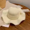 Sombrero de Paja con Borde Ondulado de Encaje y Lazo de Perlas para Mujer, Sombrero de Sol de Verano para la Costa, Sombrero de Sol de Ala Ancha, Venta al por Mayor