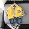 Conjunto Masculino Primavera e Outono Suéter com Estampa de Desenho Colete Roupas para Meninos e Meninas Roupa de Bebê e Criança Pequena Camiseta Roupas Infantis Conjunto de Três Peças Tendência