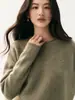 Suéter de Cashmere Cor Sólida Estilo Preguiçoso 365g para Mulheres Top Solto Gola Redonda Barra Enrolada Tricô Pulôver Camada Base