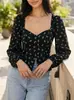 Top negro de mujer transfronterizo con estampado floral, escote cuadrado, escote de corazón, mangas abullonadas, entallado a la cintura, adelgazante, de longitud corta, camisa de manga larga