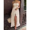 Vestido Europeo Sexy de Encaje Transparente para Vacaciones en la Playa con Volantes y Abertura Alta