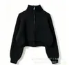 Suéter curto de gola alta com zíper parcial estilo coreano para mulheres, caimento solto, canelado, para baixinhas, cintura alta, cropped, top de tricô pullover para usar como peça externa