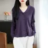Cardigan de malha fino de lã com lapela, estilo novo de primavera, com bordas plissadas, jaqueta top solta estilo coreano roxa para mulheres