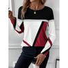 2024 Europeo y Americano Amazon Transfronterizo para Mujer Nuevo Jersey Cuello Redondo Costuras en Color Contrastante Estampado Geométrico Tops Camisetas de Mujer