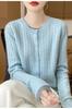 Cárdigan de punto de lana pura de otoño e invierno con cuello redondo y bloques de color, de punto trenzado suelto para mujer, top de punto versátil para mujer
