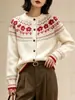 Cardigã Feminino Retrô Fair Isle Flor Vermelha Tricô Suéter Outono Casaco Petite Gola Redonda de Botão Único Versátil