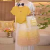 Conjunto de saia e top para meninas, novo estilo de verão para crianças mais velhas, conjunto de duas peças com saia curta de malha degradê e blusa de manga curta