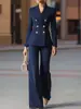 Blazer de rayas verticales retro, diseño de doble botonadura, tela crujiente, elegante abrigo de manga larga para mujeres de negocios