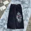 Jeans Streetwear Y2K Harajuku Hip Hop Bordado de Dibujos Animados Negros Jeans Sueltos Pantalones Anchos para Hombre