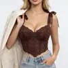 Top espartilho de renda marrom com barbatanas para mulheres, adequado como peça externa ou para sobreposição, com um design justo que afina a cintura para emagrecer e achatar o abdômen