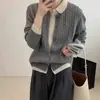 Cardigã de tricô com lapela patchwork, imitando duas peças, para mulheres, novo suéter de tricô trançado solto versátil para outono e inverno, peça de outer wear feminina