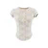 Camiseta Blanca de Encaje con Mangas Cortas para Mujer, Estilo Dulce y Picante, Top Niche de Primavera Ajustado Favorecedor con Hombros Normales, Adecuada como Prenda Interior
