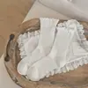 Calcetines finos de primavera-verano para mujer con bordes de volantes, estilo japonés, diseño de lazo calado, longitud a media pantorrilla, color liso, versátiles, calcetines sin costuras