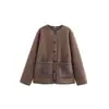 ZA Transfronteriza Marrón Cuello Redondo Holgada Felpa de Cordero Bloques de Color Chaqueta de Forro Polar para Mujer Otoño e Invierno 2025