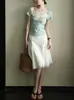 Lalglow Camiseta de Encaje Calada Estilo Francés Vintage Hecha a Mano con Ganchillo Ajustada de Manga Corta para Mujer, Top Transpirable para el Verano