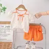 2024 Nuevo Conjunto de Dos Piezas para Niñas de Verano: Cárdigan de Tirantes Finos, Manga Corta, Pantalones Cortos Casuales de Algodón, Venta al por Mayor