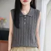 Estilo Novo Verão 2026 Colete Tricotado de Linho Tencel com Lapela para Mulheres Cor Sólida Vazado Camisa Base Solta Top