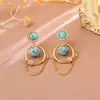 Aretes redondos de circón de planeta cósmico, sensación de lujo ligero y alta gama, tachuelas con borla de turquesa azul, aretes exquisitos, modernos y únicos