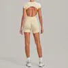 Conjunto de Yoga sem Costas na Cor Areia de Outono, Conjunto de Yoga Plissado Invisível Justo, Conjunto Casual Fitness de Duas Peças 3098+8047
