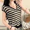 Tamanho Plus Size Verão 2024 Novo Estilo Slim Decote V Estilo Coreano Colete Tricô Listras Finas Camiseta de Seda Gelada para Mulheres