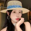 Sombrero de Paja Plano Hueco Estilo Old Money para Mujer, Sombrero para Sesión de Fotos de Vacaciones de Verano, Sombrero de Sol para Playa Protección Solar