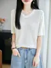 Camiseta Base de Color Sólido con Lentejuelas, Manga Corta, Cuello en V, Tejida, Flecos de Perlas, Nueva Primavera/Verano 2026 para Mujer