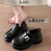 Mocassins de couro genuíno com sola grossa para aumentar a altura para mulheres, versáteis, confortáveis, não cansam, adequados para o trajeto diário, salto grosso, sapatos de couro preto