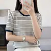Camiseta de Tricô com Listras Color Block, Gola Redonda e Gola Ampla, Manga Curta, Estilo Celebridade para Mulheres, Top Versátil Francês de Verão
