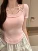 Verano Nuevo Estilo Lazo Falso Dos Piezas Halter Cuello Lazo Manga Corta Camiseta para Mujer, Chica Dulce y Picante, Ajuste Slim, Estilo Corto Curvado