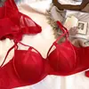 Conjunto de Sutiã de Renda com Tiras Sexy Tentação Plus Size Roupa Íntima Feminina Push-Up Vermelho Atacado Transfronteiriço