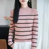 Novo suéter de malha listrado color-block com gola redonda e meia-altura para mulheres, gola redonda, mangas compridas, corte solto, versátil, modelador, algodão puro, top minimalista