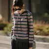Sudadera a rayas transfronteriza para mujer, casual y rejuvenecedora, diseño de rayas vibrantes, holgada y cómoda, versátil para otoño e invierno, prenda exterior con capucha de punto