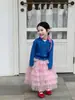Primavera de 2026 Nova Roupa Infantil Estilo Coreano Cardigã de Tricô com Tranças Gola V para Meninas Saia Longa de Camadas Saia Tutu de Gaze