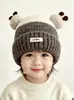 Gorro de punto de dos pompones con bloques de color de panda para niños, otoño e invierno, unisex, gorro de lana con bloques de color para bebé, lindo pompón, cálido para bebés