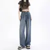 Jeans Azuis Vintage Feminino Outono Novo Menina Cheinha Cintura Alta Solto Emagrecedor Reto Perna Larga Calças Perna Larga Calças Formato Pera