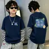 Camiseta de Manga Larga con Parches Rayados para Niños, Falsa Dos Piezas, Capa Base de Algodón Puro, Primavera Otoño 2026 Nuevas Llegadas, Ropa para Niños Medianos y Grandes