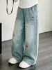 Nova coleção de outono: Calça jeans larga bordada em estilo cartoon para meninas, de corte solto, fluida e comprida, um estilo casual e moderno para crianças mais velhas