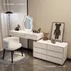 Tocador y mesita de noche combinados de losa de roca estilo crema y madera maciza 2026, tocador de maquillaje retráctil de moda para dormitorio, moderno y simple