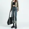 Calça Jeans Dobrável Estilo Coreano Lançamento Primavera 2025 Cintura Alta Solta Emagrecimento Vintage Calça Cropped