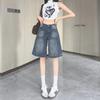 Shorts Jeans Retro de Cintura Alta para Mulheres, Novo Estilo Verão 2026, Emagrecedor, Versátil, Modelagem Solta, Patchwork, Calça de Cinco Pontos Wide Leg