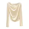 Camiseta Asimétrica com Ajuste na Cintura Off-Shoulder Estilo Coreano Foreve para Mulheres, Outono Azul Claro Manga Longa Slim-Fit, Várias Cores