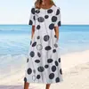 2026 Venda Quente Transfronteiriça Amazon Vestido Casual de Verão Feminino com Gola Redonda, Estampa Floral, Estilo Elegante e Bolsos