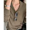 Suéter de Punto de Manga Larga Color Marrón Té con Cuello de Canalé Estilo Old Money para Mujer, Otoño, Impresionante y Holgado Adelgazante