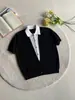 Camiseta de Tricô Manga Curta Gola Lapela Falsa de Duas Peças Estilo Old Money Patchwork Color Block Luxo Casual para o Trabalho