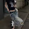 Shorts de mezclilla de estilo callejero americano retro con diseño desgarrado, talla grande, para hombres y mujeres, shorts holgados de pierna ancha para el verano