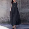Plataforma Independente Europeia e Americana de Verão 2026 Ebay Vestido Casual de Cor Sólida com Gola Redonda e Bolsos de Algodão e Linho Soltinho para Mulheres