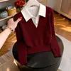 Top de punto de dos piezas estilo coreano con bloques de color, nueva colección otoño 2026, un suéter único, hermoso y cómodo