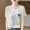 Camiseta informal de verano fina, holgada y versátil, con estampado de gato de dibujos animados, estilo coreano, juvenil, cuello redondo, manga corta, de Lyocell
