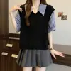 Talla grande Camisa de Verano para Mujer Nuevo Diseño Rayas Azules Costuras Manga Corta Tejido chica rellenita Top Falso de Dos Piezas